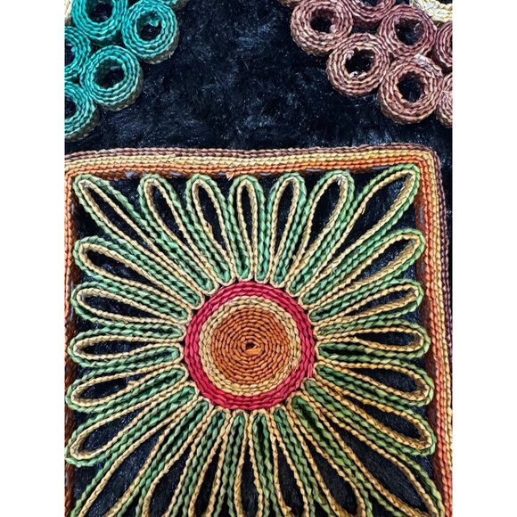 Vintage Woven Raffia Trivets Set Of 3 Round & Square Patterns Green Brown - Picture 3 of 7